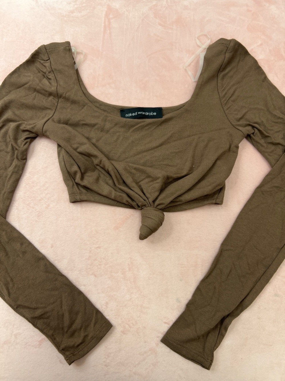 Naked Wardrobe brown Tie-Knot Long Sleeve Crop Top